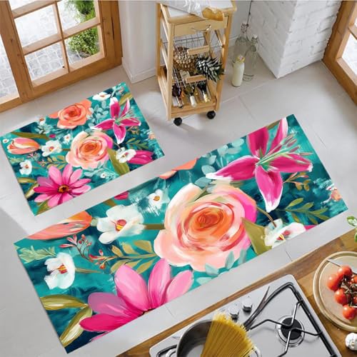 JEDTAKCT Rosenölgemälde Küchenmatten 2Er Set, 50X80Cm+50X150Cm Küchenteppich Waschbar rutschfest, Küchenteppiche, Türkis Küchenläufer Für Badezimmer Zuhause Büro (Abstraktes Graffiti) von JEDTAKCT