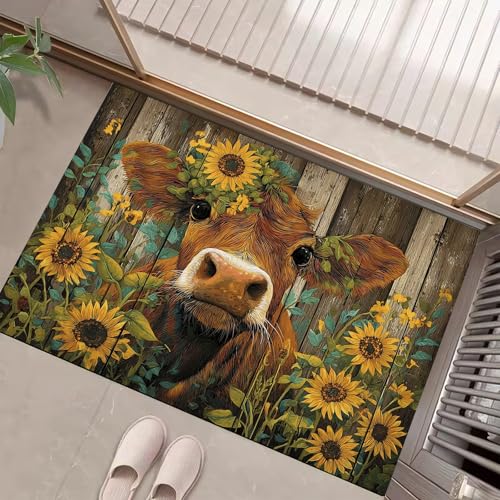 JEDTAKCT Rostbraun Waschbarer Teppich Sonnenblumen Kühe Muster 60X90Cm Landtiere Eingangsbereich Modern Fußmatte Badezimmerteppich Weich rutschfest Kleiner Kurzflor Bad Schlafzimmer JEDTAKCT Rostbraun Waschbarer Teppich Sonnenblumen Kühe Muster 60X90Cm Landtiere Eingangsbereich Modern Fußmatte Badezimmerteppich Weich rutschfest Kleiner Kurzflor Bad Schlafzimmer von JEDTAKCT