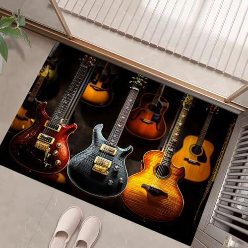 JEDTAKCT Rostbraun Waschbarer Teppich Vintage Gitarre Muster 90X150Cm Instrumentenästhetik Eingangsbereich Modern Fußmatte Badezimmerteppich Weich rutschfest Kleiner Kurzflor Bad Schlafzimmer von JEDTAKCT