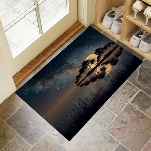 JEDTAKCT Rostbraun Waschbarer Teppich Waldsee Muster 90X150Cm Verträumter Sternenhimmel Eingangsbereich Modern Fußmatte Badezimmerteppich Weich rutschfest Kleiner Kurzflor Bad Schlafzimmer von JEDTAKCT