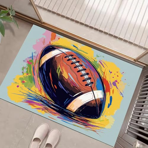 JEDTAKCT Rugby-Graffiti Fussmatte Teppich 50X80Cm, Wohnzimmerteppich Schlafzimmerteppich, Hellblau Waschbarer Fußmatte, Sportthema Rutschfester Teppich Für Küche Flur Esszimmer von JEDTAKCT