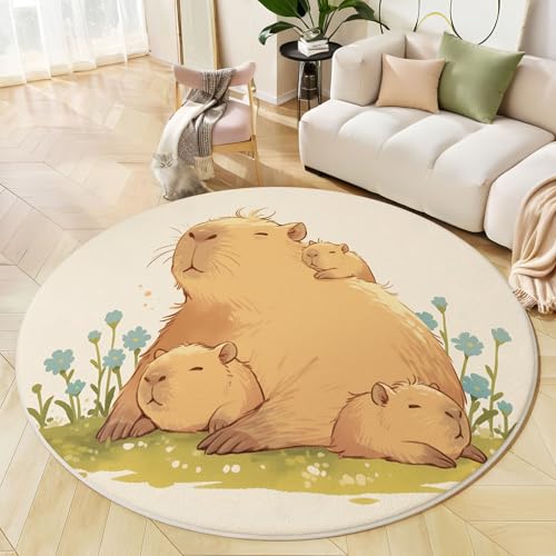 JEDTAKCT Runder Teppich Beige 160 cm Süßes Capybara Kurzflor Teppich Waschbar, Rund, Weich rutschfest, Tierillustration Design Für Wohnzimmer Küche Schlafzimmer Kinderzimmer von JEDTAKCT