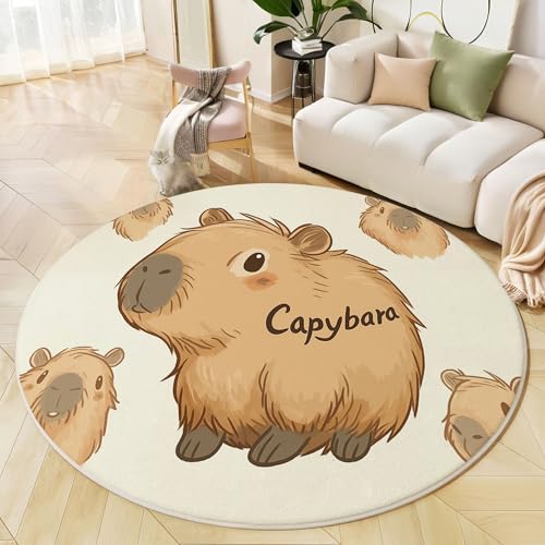 JEDTAKCT Runder Teppich Beige 60 cm Capybara-Thema Kurzflor Teppich Waschbar, Rund, Weich rutschfest, Süßes Tier Design Für Wohnzimmer Küche Schlafzimmer Kinderzimmer von JEDTAKCT