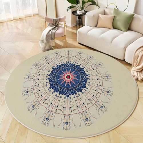 JEDTAKCT Runder Teppich Beige 80 cm Gestreiftes Mandala Kurzflor Teppich Waschbar, Rund, Weich rutschfest, Hippie-Geometrie Design Für Wohnzimmer Küche Schlafzimmer Kinderzimmer von JEDTAKCT