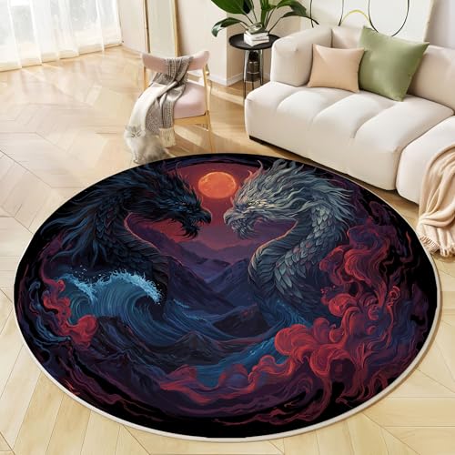 JEDTAKCT Runder Teppich Blau Rot 100 cm Mysteriöser Östlicher Drache Kurzflor Teppich Waschbar, Rund, Weich rutschfest, Tierisches Yin Yang Design Für Wohnzimmer Küche Schlafzimmer Kinderzimmer von JEDTAKCT