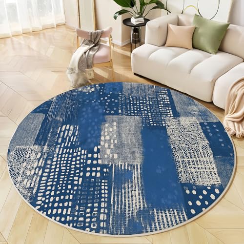 JEDTAKCT Runder Teppich Blau Weiß 80 cm Gitter Graffiti Kurzflor Teppich Waschbar, Rund, Weich rutschfest, Abstraktes Ölgemälde Design Für Wohnzimmer Küche Schlafzimmer Kinderzimmer von JEDTAKCT