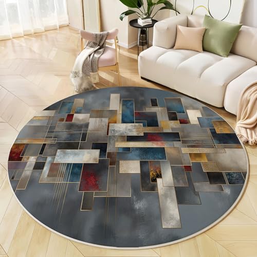 JEDTAKCT Runder Teppich Blaugrau 60 cm Moderne Geometrie Kurzflor Teppich Waschbar, Rund, Weich rutschfest, Abstrakte Ästhetik Design Für Wohnzimmer Küche Schlafzimmer Kinderzimmer von JEDTAKCT