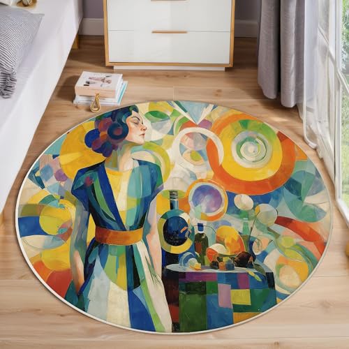 JEDTAKCT Runder Teppich Blaugrün 100 cm Schönheitsölgemälde Kurzflor Teppich Waschbar, Rund, Weich rutschfest, Abstrakte Geometrie Design Für Wohnzimmer Küche Schlafzimmer Kinderzimmer von JEDTAKCT