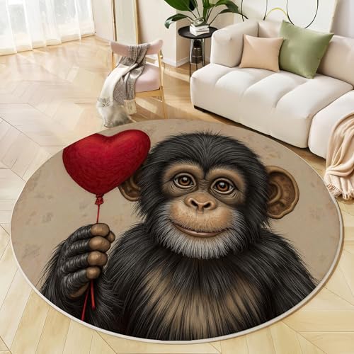 JEDTAKCT Runder Teppich Braun 80 cm Ölgemälde Gorilla Kurzflor Teppich Waschbar, Rund, Weich rutschfest, Süßer Ballon Design Für Wohnzimmer Küche Schlafzimmer Kinderzimmer von JEDTAKCT
