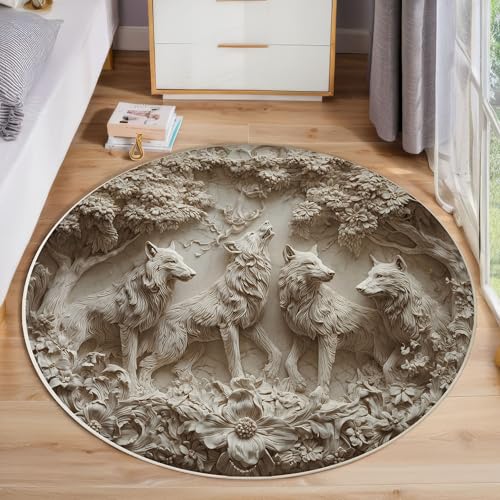 JEDTAKCT Runder Teppich Creme 160 cm 3D Wolfsrudel Relief Kurzflor Teppich Waschbar, Rund, Weich rutschfest, Waldtiere Design Für Wohnzimmer Küche Schlafzimmer Kinderzimmer von JEDTAKCT
