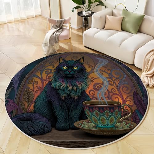 JEDTAKCT Runder Teppich Deep Purple 120 cm Mysteriöse Schwarze Katze Kurzflor Teppich Waschbar, Rund, Weich rutschfest, Mittelalterliche Ästhetik Design Für Wohnzimmer Küche Schlafzimmer Kinderzimmer von JEDTAKCT