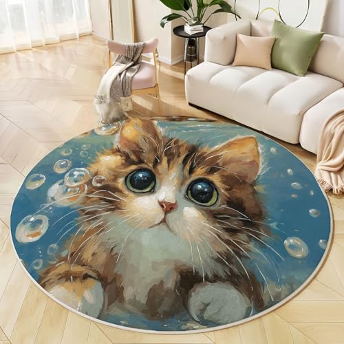 JEDTAKCT Runder Teppich Dunkelblau 120 cm Ozeankatze Kurzflor Teppich Waschbar, Rund, Weich rutschfest, Ölgemälde Tiere Design Für Wohnzimmer Küche Schlafzimmer Kinderzimmer von JEDTAKCT