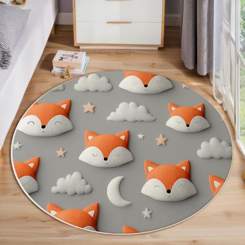 JEDTAKCT Runder Teppich Dunkelgrau 120 cm 3D Süßer Fuchs Kurzflor Teppich Waschbar, Rund, Weich rutschfest, Tier Sternenhimmel Design Für Wohnzimmer Küche Schlafzimmer Kinderzimmer von JEDTAKCT