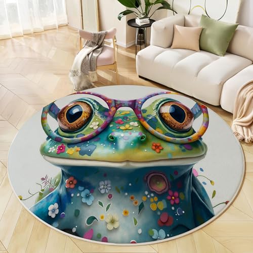 JEDTAKCT Runder Teppich Dunkelgrün 120 cm 3D Blumenfrosch Kurzflor Teppich Waschbar, Rund, Weich rutschfest, Modernes Tier Design Für Wohnzimmer Küche Schlafzimmer Kinderzimmer von JEDTAKCT