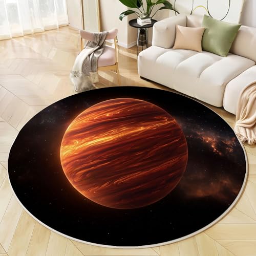 JEDTAKCT Runder Teppich Gebranntes Orange 120 cm Gestreifter Planet Kurzflor Teppich Waschbar, Rund, Weich rutschfest, Kosmische Landschaft Design Für Wohnzimmer Küche Schlafzimmer Kinderzimmer von JEDTAKCT