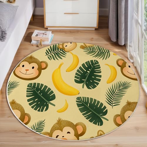 JEDTAKCT Runder Teppich Gelb 200 cm Süßer AFFE Kurzflor Teppich Waschbar, Rund, Weich rutschfest, Tropische Banane Design Für Wohnzimmer Küche Schlafzimmer Kinderzimmer von JEDTAKCT