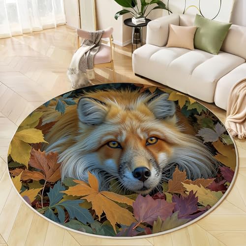 JEDTAKCT Runder Teppich Gelb 80 cm Fuchs Ölgemälde Kurzflor Teppich Waschbar, Rund, Weich rutschfest, Herbstpflanzen Design Für Wohnzimmer Küche Schlafzimmer Kinderzimmer von JEDTAKCT