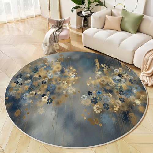 JEDTAKCT Runder Teppich Graugold 200 cm Goldfolie Blumen Kurzflor Teppich Waschbar, Rund, Weich rutschfest, Abstraktes Graffiti Design Für Wohnzimmer Küche Schlafzimmer Kinderzimmer von JEDTAKCT