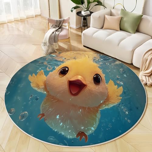 JEDTAKCT Runder Teppich Hellblau 120 cm Süße Ente Kurzflor Teppich Waschbar, Rund, Weich rutschfest, Wasserkräuseltier Design Für Wohnzimmer Küche Schlafzimmer Kinderzimmer von JEDTAKCT