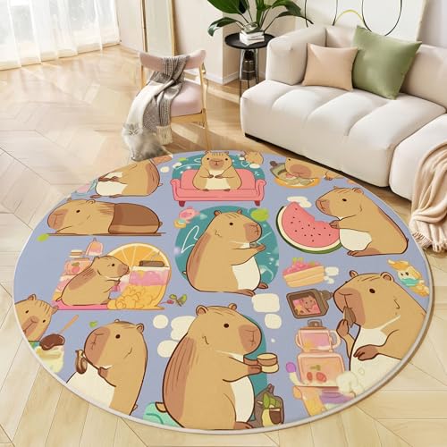 JEDTAKCT Runder Teppich Hellviolett 60 cm Cartoon Capybara Kurzflor Teppich Waschbar, Rund, Weich rutschfest, Capybara-Thema Design Für Wohnzimmer Küche Schlafzimmer Kinderzimmer von JEDTAKCT