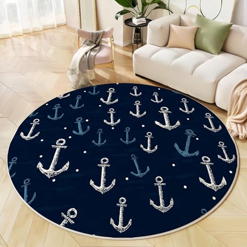 JEDTAKCT Runder Teppich Marineblau 120 cm Polka Dot Anchor Kurzflor Teppich Waschbar, Rund, Weich rutschfest, Nautisches Thema Design Für Wohnzimmer Küche Schlafzimmer Kinderzimmer von JEDTAKCT