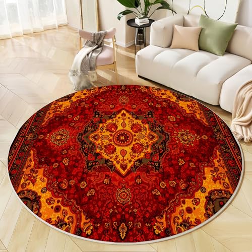 JEDTAKCT Runder Teppich Scarlet 200 cm Traditionelle Blumen Kurzflor Teppich Waschbar, Rund, Weich rutschfest, Persische Ästhetik Design Für Wohnzimmer Küche Schlafzimmer Kinderzimmer von JEDTAKCT