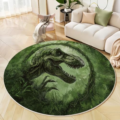 JEDTAKCT Runder Teppich Smaragdgrün 100 cm Dinosaurierwald Kurzflor Teppich Waschbar, Rund, Weich rutschfest, Retro-Reben Design Für Wohnzimmer Küche Schlafzimmer Kinderzimmer von JEDTAKCT