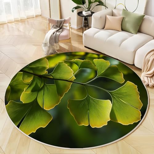 JEDTAKCT Runder Teppich Smaragdgrün 60 cm Natürliches Ginkgoblatt Kurzflor Teppich Waschbar, Rund, Weich rutschfest, Pflanzenästhetik Design Für Wohnzimmer Küche Schlafzimmer Kinderzimmer von JEDTAKCT
