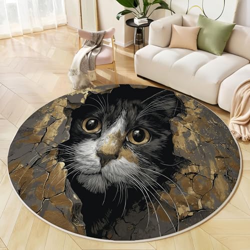 JEDTAKCT Runder Teppich Tan 200 cm Tuxedo Cat Ölgemälde Kurzflor Teppich Waschbar, Rund, Weich rutschfest, Distressed Stone Wall Design Für Wohnzimmer Küche Schlafzimmer Kinderzimmer von JEDTAKCT