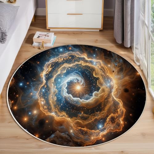 JEDTAKCT Runder Teppich Tiefblau 120 cm Nebelwirbel Kurzflor Teppich Waschbar, Rund, Weich rutschfest, Kosmische Landschaft Design Für Wohnzimmer Küche Schlafzimmer Kinderzimmer von JEDTAKCT