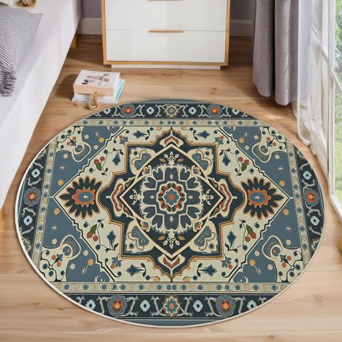 JEDTAKCT Runder Teppiche Wohnzimmer, Blau-Grau Orientalisches Mandala Muster Waschbare Teppiche, rutschfest Weicher Kurzflor Retro-Geometrie Teppich Für Schlafzimmer Esszimmer Kamin, 160 cm JEDTAKCT Runder Teppiche Wohnzimmer, Blau-Grau Orientalisches Mandala Muster Waschbare Teppiche, rutschfest Weicher Kurzflor Retro-Geometrie Teppich Für Schlafzimmer Esszimmer Kamin, 160 cm von JEDTAKCT