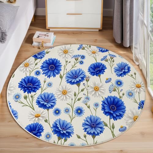 JEDTAKCT Runder Teppiche Wohnzimmer, Blau Weiß Country Daisy Muster Waschbare Teppiche, rutschfest Weicher Kurzflor Einfache Pflanzen Teppich Für Schlafzimmer Esszimmer Kamin, 100 cm JEDTAKCT Runder Teppiche Wohnzimmer, Blau Weiß Country Daisy Muster Waschbare Teppiche, rutschfest Weicher Kurzflor Einfache Pflanzen Teppich Für Schlafzimmer Esszimmer Kamin, 100 cm von JEDTAKCT