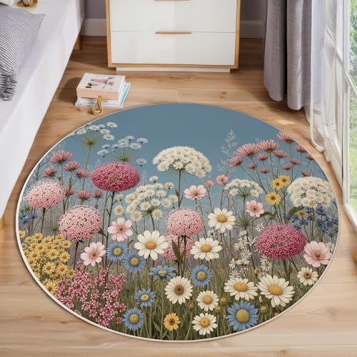 JEDTAKCT Runder Teppiche Wohnzimmer, Blaugrau Handgemalte Wildblumen Muster Waschbare Teppiche, rutschfest Weicher Kurzflor Nordischer Garten Teppich Für Schlafzimmer Esszimmer Kamin, 160 cm JEDTAKCT Runder Teppiche Wohnzimmer, Blaugrau Handgemalte Wildblumen Muster Waschbare Teppiche, rutschfest Weicher Kurzflor Nordischer Garten Teppich Für Schlafzimmer Esszimmer Kamin, 160 cm von JEDTAKCT
