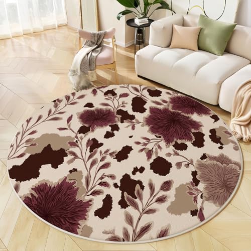 JEDTAKCT Runder Teppiche Wohnzimmer, Bordeauxrot Vintage Kuhmuster Muster Waschbare Teppiche, rutschfest Weicher Kurzflor Abstrakte Blumen Teppich Für Schlafzimmer Esszimmer Kamin, 200 cm von JEDTAKCT