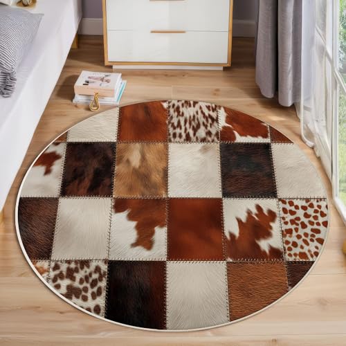 JEDTAKCT Runder Teppiche Wohnzimmer, Braun Kuh Patchwork Muster Waschbare Teppiche, rutschfest Weicher Kurzflor Landtiere Teppich Für Schlafzimmer Esszimmer Kamin, 200 cm JEDTAKCT Runder Teppiche Wohnzimmer, Braun Kuh Patchwork Muster Waschbare Teppiche, rutschfest Weicher Kurzflor Landtiere Teppich Für Schlafzimmer Esszimmer Kamin, 200 cm von JEDTAKCT