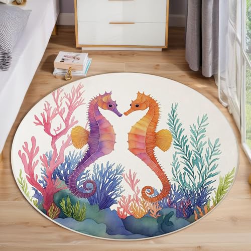 JEDTAKCT Runder Teppiche Wohnzimmer, Dunkelblau Aquarell Seepferdchen Muster Waschbare Teppiche, rutschfest Weicher Kurzflor Korallentier Teppich Für Schlafzimmer Esszimmer Kamin, 80 cm von JEDTAKCT