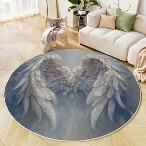 JEDTAKCT Runder Teppiche Wohnzimmer, Dunkelgrau 3D Fantasy Flügel Muster Waschbare Teppiche, rutschfest Weicher Kurzflor Fantasy Ölgemälde Teppich Für Schlafzimmer Esszimmer Kamin, 100 cm von JEDTAKCT