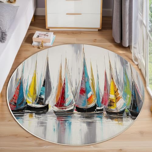 JEDTAKCT Runder Teppiche Wohnzimmer, Dunkelgrau Graffiti Segelboot Muster Waschbare Teppiche, rutschfest Weicher Kurzflor Abstraktes Ölgemälde Teppich Für Schlafzimmer Esszimmer Kamin, 160 cm JEDTAKCT Runder Teppiche Wohnzimmer, Dunkelgrau Graffiti Segelboot Muster Waschbare Teppiche, rutschfest Weicher Kurzflor Abstraktes Ölgemälde Teppich Für Schlafzimmer Esszimmer Kamin, 160 cm von JEDTAKCT