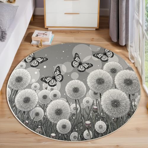 JEDTAKCT Runder Teppiche Wohnzimmer, Dunkelgrau Schmetterling Löwenzahn Muster Waschbare Teppiche, rutschfest Weicher Kurzflor Verträumte Pflanzen Teppich Für Schlafzimmer Esszimmer Kamin, 160 cm von JEDTAKCT
