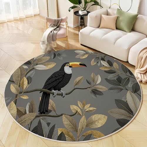 JEDTAKCT Runder Teppiche Wohnzimmer, Dunkelgrau Vintage Tukan Muster Waschbare Teppiche, rutschfest Weicher Kurzflor Tropische Pflanzen Teppich Für Schlafzimmer Esszimmer Kamin, 200 cm JEDTAKCT Runder Teppiche Wohnzimmer, Dunkelgrau Vintage Tukan Muster Waschbare Teppiche, rutschfest Weicher Kurzflor Tropische Pflanzen Teppich Für Schlafzimmer Esszimmer Kamin, 200 cm von JEDTAKCT