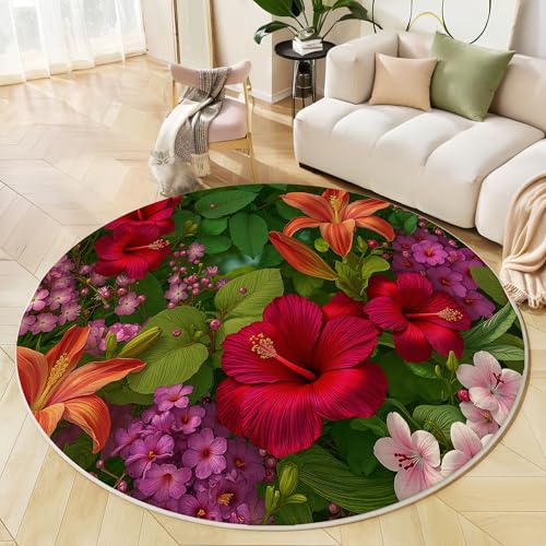 JEDTAKCT Runder Teppiche Wohnzimmer, Dunkelgrün Lilie Hibiskus Muster Waschbare Teppiche, rutschfest Weicher Kurzflor Tropische Pflanzen Teppich Für Schlafzimmer Esszimmer Kamin, 60 cm von JEDTAKCT