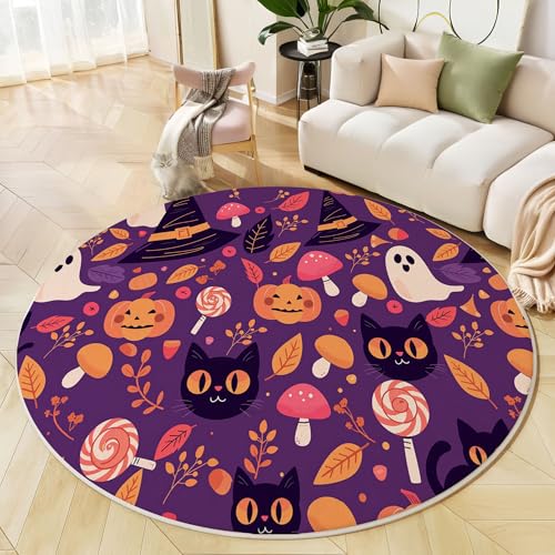 JEDTAKCT Runder Teppiche Wohnzimmer, Dunkelviolett Geist Hexenhut Muster Waschbare Teppiche, rutschfest Weicher Kurzflor Cartoon Weihnachten Teppich Für Schlafzimmer Esszimmer Kamin, 80 cm von JEDTAKCT