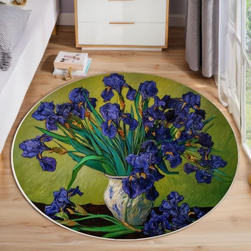 JEDTAKCT Runder Teppiche Wohnzimmer, Gelbgrün Vintage Iris Muster Waschbare Teppiche, rutschfest Weicher Kurzflor Ölgemälde Pflanzen Teppich Für Schlafzimmer Esszimmer Kamin, 100 cm JEDTAKCT Runder Teppiche Wohnzimmer, Gelbgrün Vintage Iris Muster Waschbare Teppiche, rutschfest Weicher Kurzflor Ölgemälde Pflanzen Teppich Für Schlafzimmer Esszimmer Kamin, 100 cm von JEDTAKCT