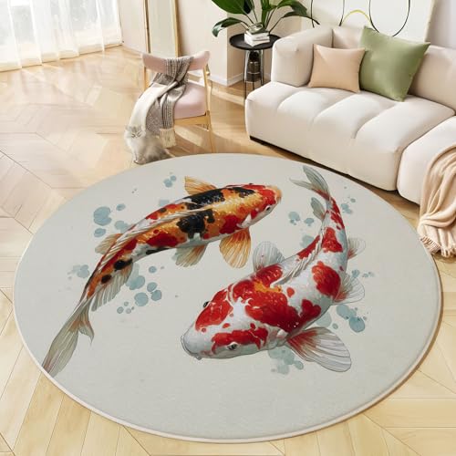 JEDTAKCT Runder Teppiche Wohnzimmer, Hellgrau Tinte Koi Muster Waschbare Teppiche, rutschfest Weicher Kurzflor Natürliche Tiere Teppich Für Schlafzimmer Esszimmer Kamin, 200 cm von JEDTAKCT