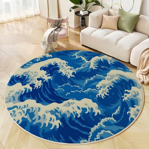 JEDTAKCT Runder Teppiche Wohnzimmer, Marineblau Retro Wave Muster Waschbare Teppiche, rutschfest Weicher Kurzflor Japanisches Poster Teppich Für Schlafzimmer Esszimmer Kamin, 200 cm JEDTAKCT Runder Teppiche Wohnzimmer, Marineblau Retro Wave Muster Waschbare Teppiche, rutschfest Weicher Kurzflor Japanisches Poster Teppich Für Schlafzimmer Esszimmer Kamin, 200 cm von JEDTAKCT
