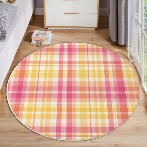 JEDTAKCT Runder Teppiche Wohnzimmer, Rosa Gelb Country Buffalo Plaid Muster Waschbare Teppiche, rutschfest Weicher Kurzflor Retro Geometrisch Teppich Für Schlafzimmer Esszimmer Kamin, 60 cm von JEDTAKCT