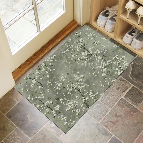 JEDTAKCT Salbeigrün Waschbarer Teppich Orientalische Blumen Muster 90X150Cm Distressed Poster Eingangsbereich Modern Fußmatte Badezimmerteppich Weich rutschfest Kleiner Kurzflor Bad Schlafzimmer von JEDTAKCT