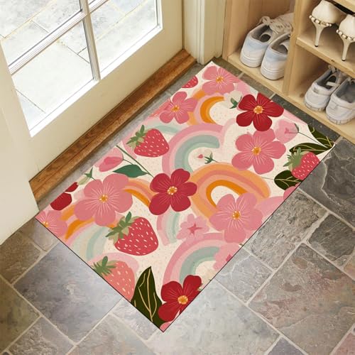 JEDTAKCT Schmutzfangmatte Innen, Waschbarer Fussmatte, Regenbogenblumen Muster, Süße Erdbeere Teppiche, Kurzflor rutschfest Weiche Eingangstürmatte Für Flur Küche, 90X150Cm, Blush Pink von JEDTAKCT