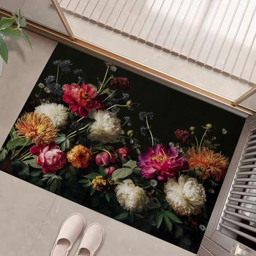 JEDTAKCT Schwarz Waschbarer Teppich Pfingstrose Chrysantheme Muster 80X120Cm Vintage Pflanzen Eingangsbereich Modern Fußmatte Badezimmerteppich Weich rutschfest Kleiner Kurzflor Bad Schlafzimmer JEDTAKCT Schwarz Waschbarer Teppich Pfingstrose Chrysantheme Muster 80X120Cm Vintage Pflanzen Eingangsbereich Modern Fußmatte Badezimmerteppich Weich rutschfest Kleiner Kurzflor Bad Schlafzimmer von JEDTAKCT