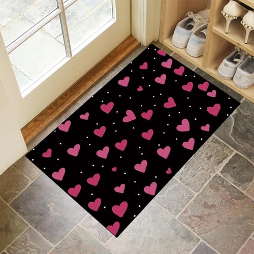 JEDTAKCT Schwarz Waschbarer Teppich Polka Dot Herz Muster 80X120Cm Einfache Illustration Eingangsbereich Modern Fußmatte Badezimmerteppich Weich rutschfest Kleiner Kurzflor Bad Schlafzimmer von JEDTAKCT